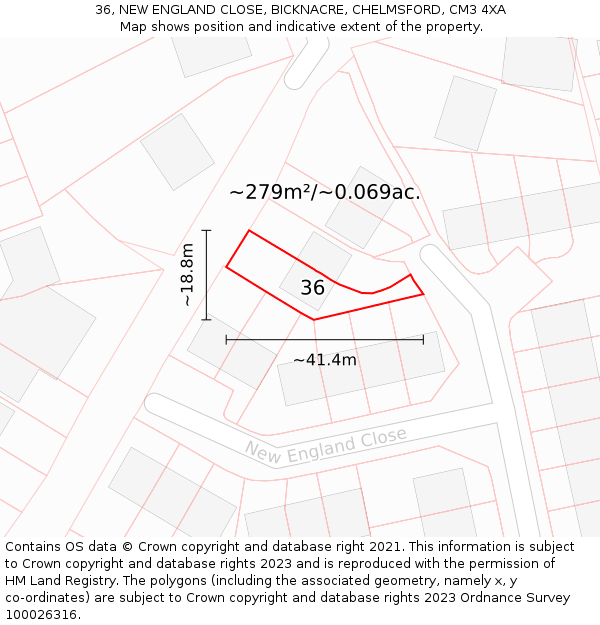 36, NEW ENGLAND CLOSE, BICKNACRE, CHELMSFORD, CM3 4XA: Plot and title map