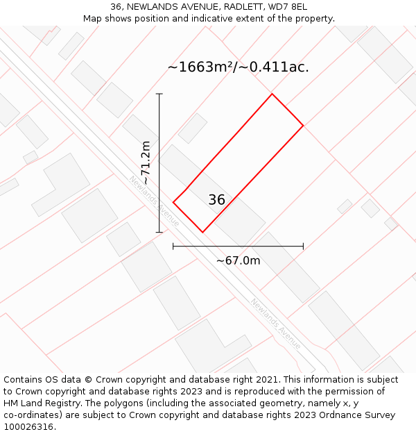 36, NEWLANDS AVENUE, RADLETT, WD7 8EL: Plot and title map