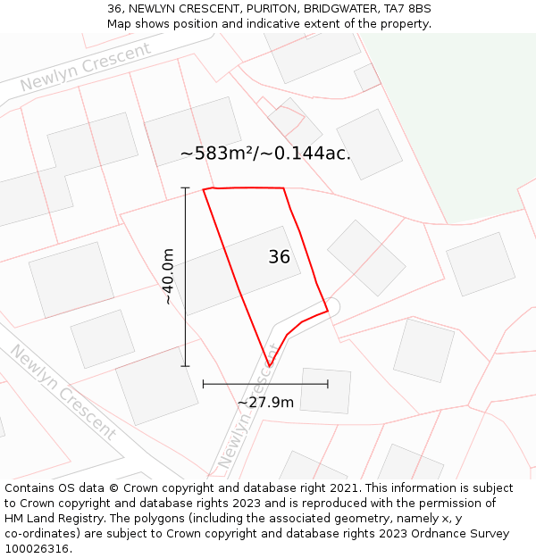 36, NEWLYN CRESCENT, PURITON, BRIDGWATER, TA7 8BS: Plot and title map