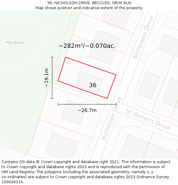 36, NICHOLSON DRIVE, BECCLES, NR34 9UX: Plot and title map