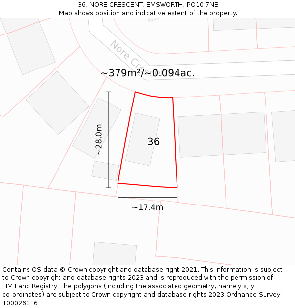 36, NORE CRESCENT, EMSWORTH, PO10 7NB: Plot and title map