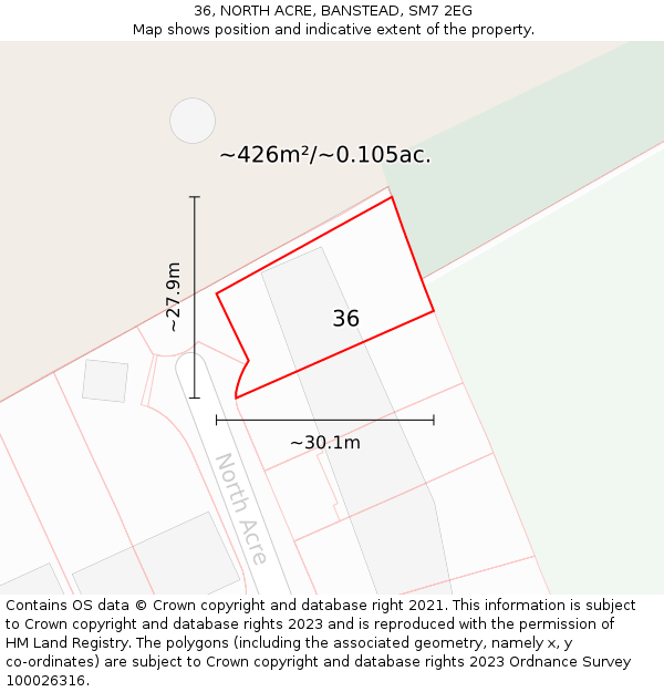 36, NORTH ACRE, BANSTEAD, SM7 2EG: Plot and title map