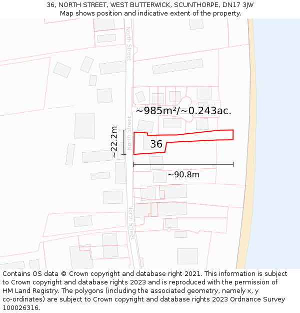 36, NORTH STREET, WEST BUTTERWICK, SCUNTHORPE, DN17 3JW: Plot and title map