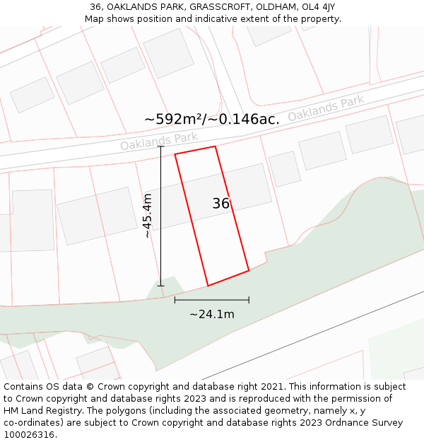 36, OAKLANDS PARK, GRASSCROFT, OLDHAM, OL4 4JY: Plot and title map