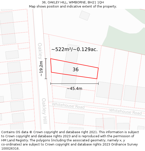 36, OAKLEY HILL, WIMBORNE, BH21 1QH: Plot and title map