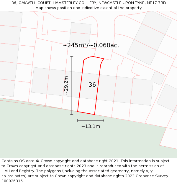 36, OAKWELL COURT, HAMSTERLEY COLLIERY, NEWCASTLE UPON TYNE, NE17 7BD: Plot and title map