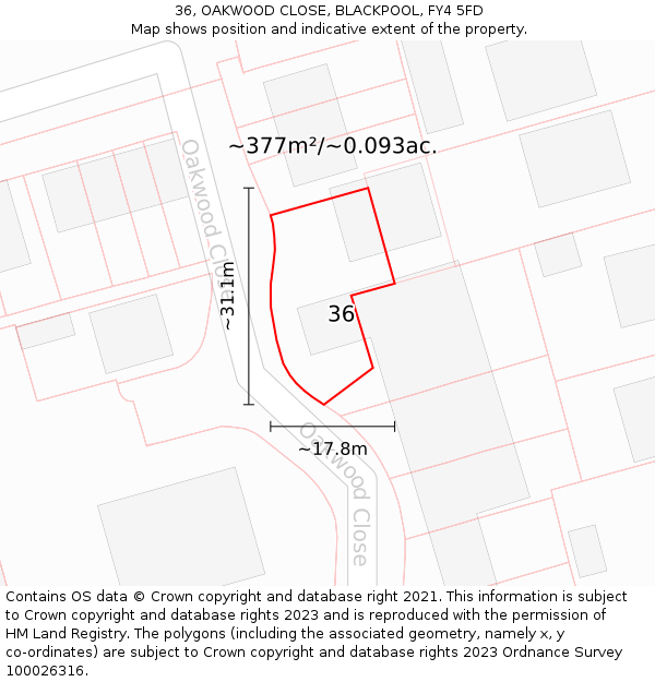 36, OAKWOOD CLOSE, BLACKPOOL, FY4 5FD: Plot and title map