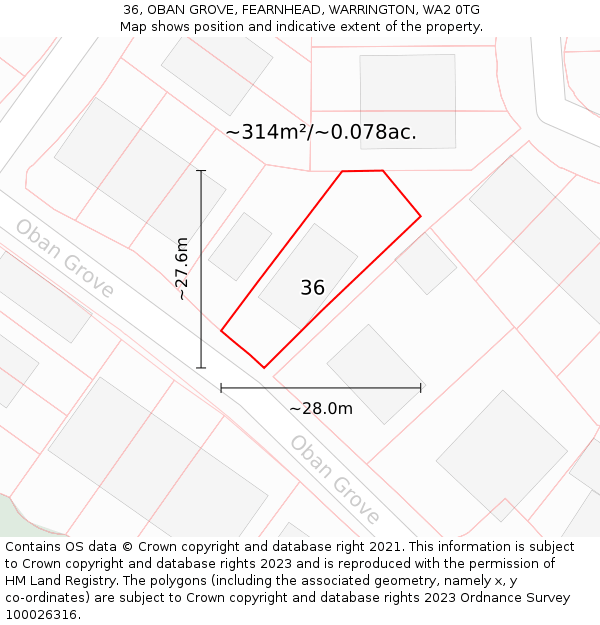 36, OBAN GROVE, FEARNHEAD, WARRINGTON, WA2 0TG: Plot and title map