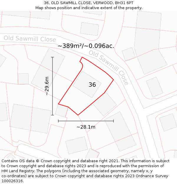 36, OLD SAWMILL CLOSE, VERWOOD, BH31 6PT: Plot and title map