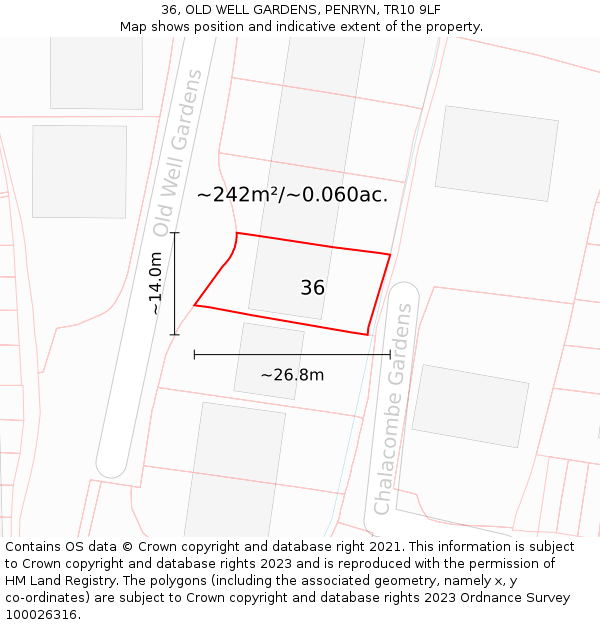 36, OLD WELL GARDENS, PENRYN, TR10 9LF: Plot and title map