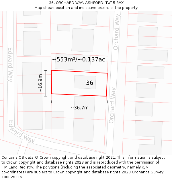 36, ORCHARD WAY, ASHFORD, TW15 3AX: Plot and title map