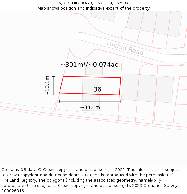 36, ORCHID ROAD, LINCOLN, LN5 9XD: Plot and title map