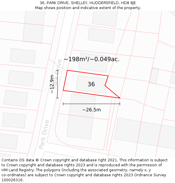 36, PARK DRIVE, SHELLEY, HUDDERSFIELD, HD8 8JE: Plot and title map