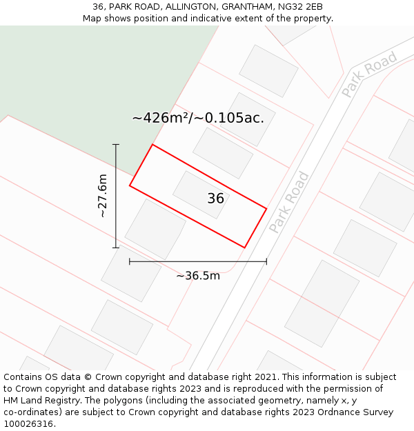 36, PARK ROAD, ALLINGTON, GRANTHAM, NG32 2EB: Plot and title map