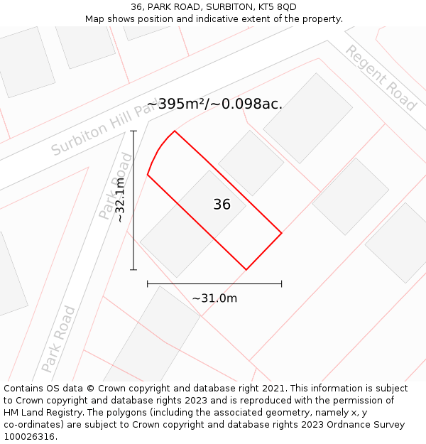 36, PARK ROAD, SURBITON, KT5 8QD: Plot and title map