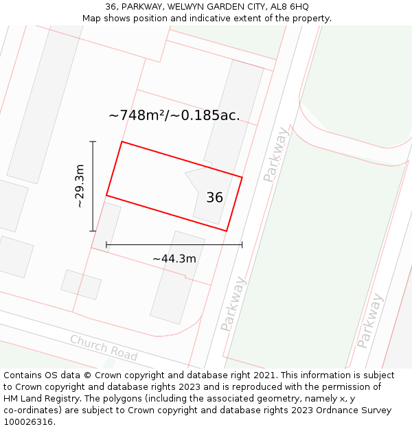 36, PARKWAY, WELWYN GARDEN CITY, AL8 6HQ: Plot and title map