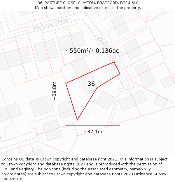 36, PASTURE CLOSE, CLAYTON, BRADFORD, BD14 6LY: Plot and title map