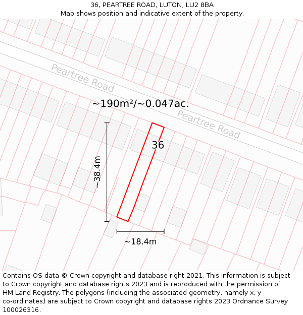 36, PEARTREE ROAD, LUTON, LU2 8BA: Plot and title map