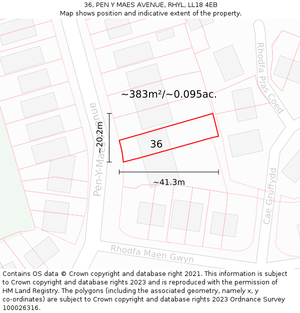 36, PEN Y MAES AVENUE, RHYL, LL18 4EB: Plot and title map