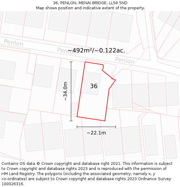 36, PENLON, MENAI BRIDGE, LL59 5ND: Plot and title map