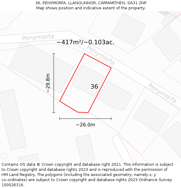 36, PENYMORFA, LLANGUNNOR, CARMARTHEN, SA31 2NP: Plot and title map