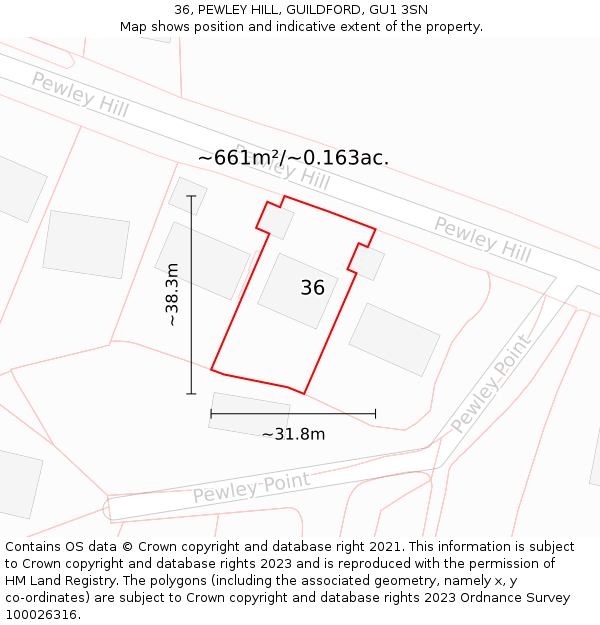 36, PEWLEY HILL, GUILDFORD, GU1 3SN: Plot and title map