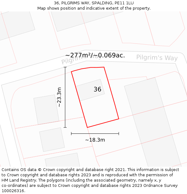 36, PILGRIMS WAY, SPALDING, PE11 1LU: Plot and title map