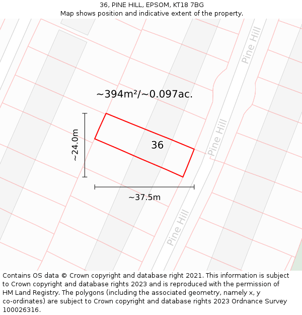 36, PINE HILL, EPSOM, KT18 7BG: Plot and title map