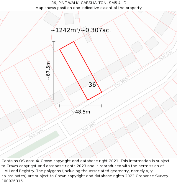 36, PINE WALK, CARSHALTON, SM5 4HD: Plot and title map