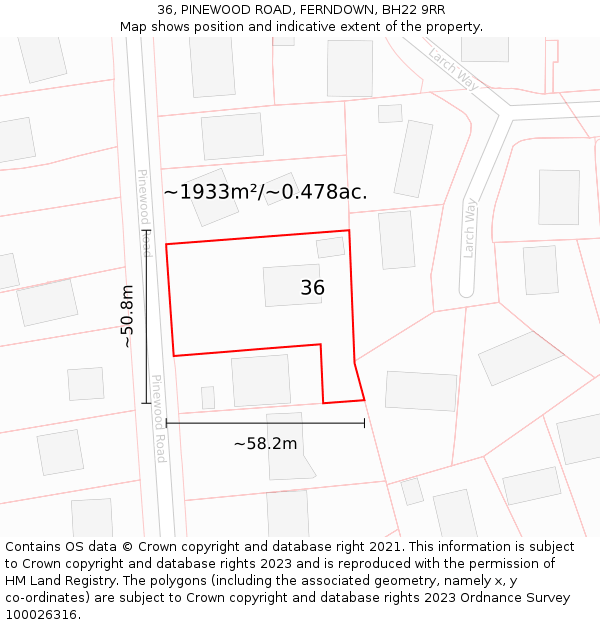 36, PINEWOOD ROAD, FERNDOWN, BH22 9RR: Plot and title map