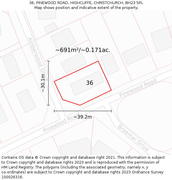 36, PINEWOOD ROAD, HIGHCLIFFE, CHRISTCHURCH, BH23 5PL: Plot and title map