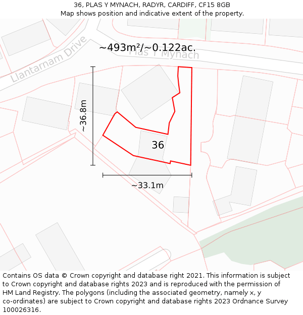 36, PLAS Y MYNACH, RADYR, CARDIFF, CF15 8GB: Plot and title map