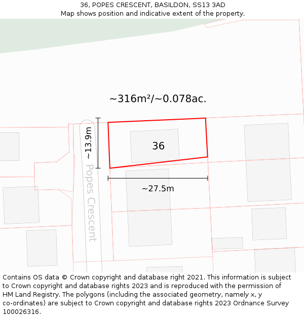 36, POPES CRESCENT, BASILDON, SS13 3AD: Plot and title map