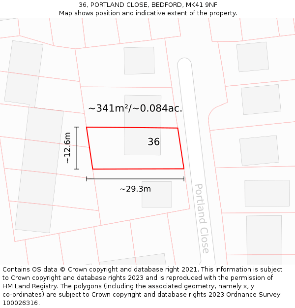 36, PORTLAND CLOSE, BEDFORD, MK41 9NF: Plot and title map