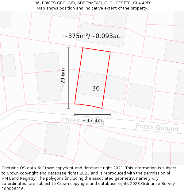 36, PRICES GROUND, ABBEYMEAD, GLOUCESTER, GL4 4PD: Plot and title map