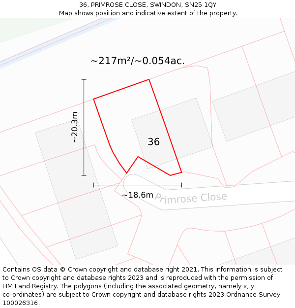 36, PRIMROSE CLOSE, SWINDON, SN25 1QY: Plot and title map