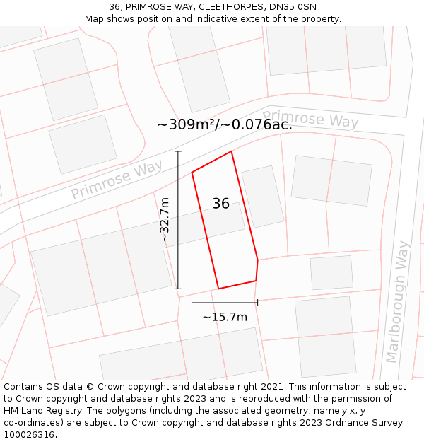 36, PRIMROSE WAY, CLEETHORPES, DN35 0SN: Plot and title map