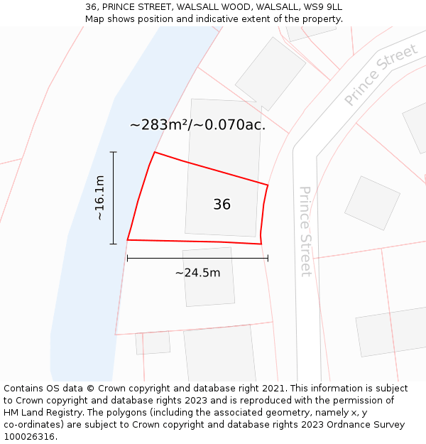 36, PRINCE STREET, WALSALL WOOD, WALSALL, WS9 9LL: Plot and title map