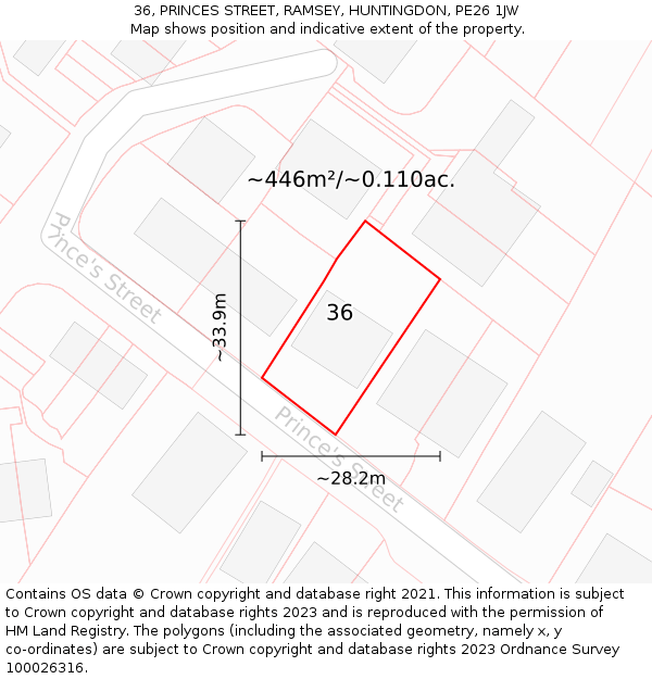 36, PRINCES STREET, RAMSEY, HUNTINGDON, PE26 1JW: Plot and title map