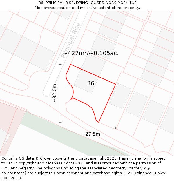 36, PRINCIPAL RISE, DRINGHOUSES, YORK, YO24 1UF: Plot and title map