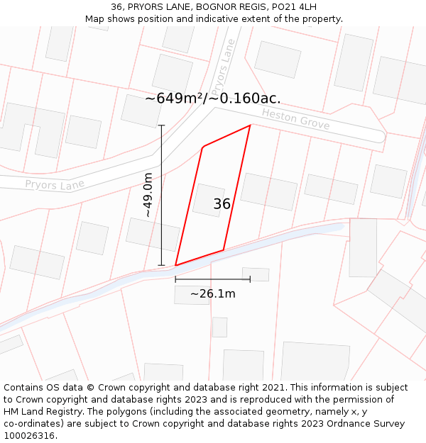 36, PRYORS LANE, BOGNOR REGIS, PO21 4LH: Plot and title map