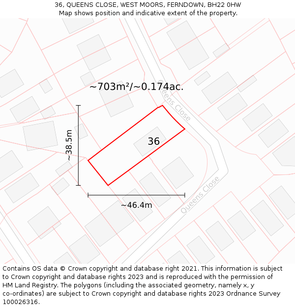 36, QUEENS CLOSE, WEST MOORS, FERNDOWN, BH22 0HW: Plot and title map