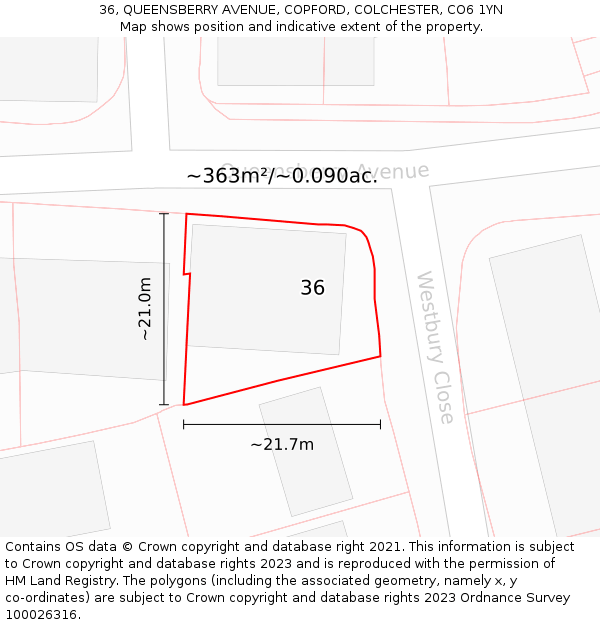 36, QUEENSBERRY AVENUE, COPFORD, COLCHESTER, CO6 1YN: Plot and title map