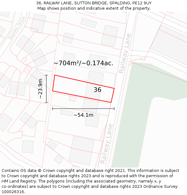 36, RAILWAY LANE, SUTTON BRIDGE, SPALDING, PE12 9UY: Plot and title map