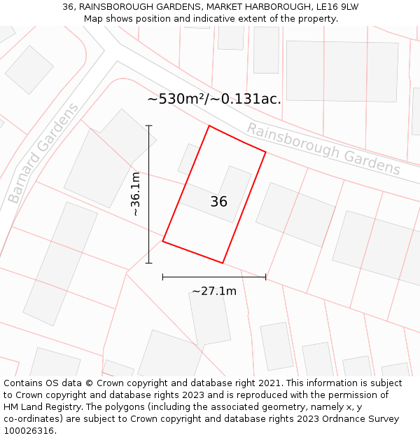 36, RAINSBOROUGH GARDENS, MARKET HARBOROUGH, LE16 9LW: Plot and title map