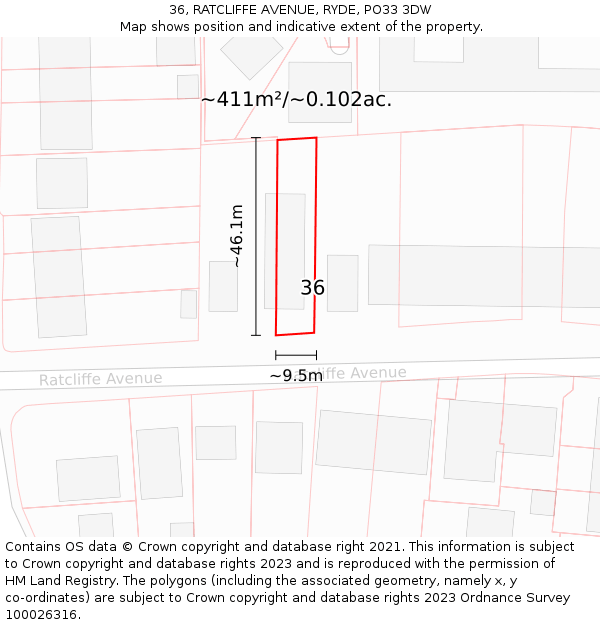 36, RATCLIFFE AVENUE, RYDE, PO33 3DW: Plot and title map