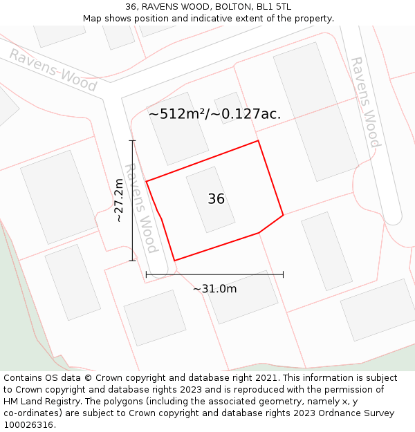 36, RAVENS WOOD, BOLTON, BL1 5TL: Plot and title map