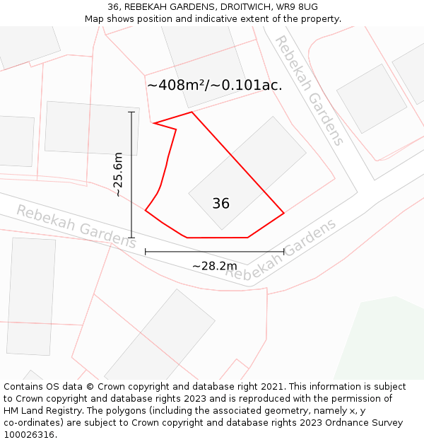 36, REBEKAH GARDENS, DROITWICH, WR9 8UG: Plot and title map