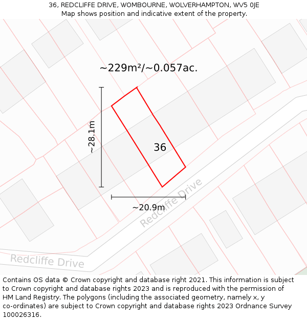 36, REDCLIFFE DRIVE, WOMBOURNE, WOLVERHAMPTON, WV5 0JE: Plot and title map