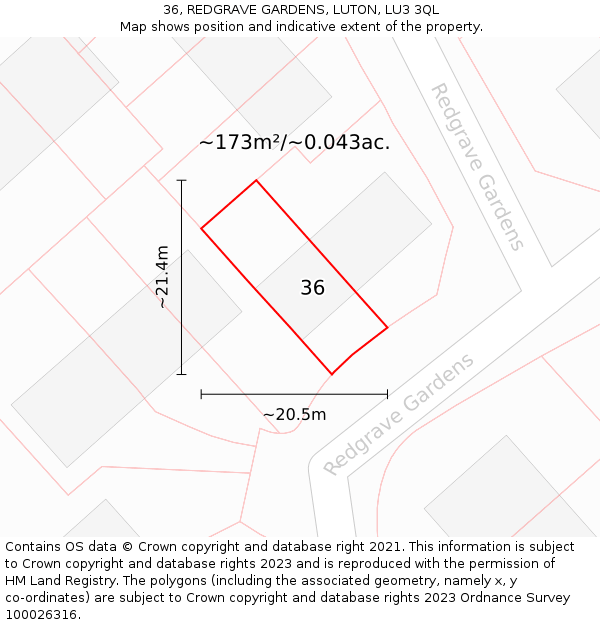 36, REDGRAVE GARDENS, LUTON, LU3 3QL: Plot and title map